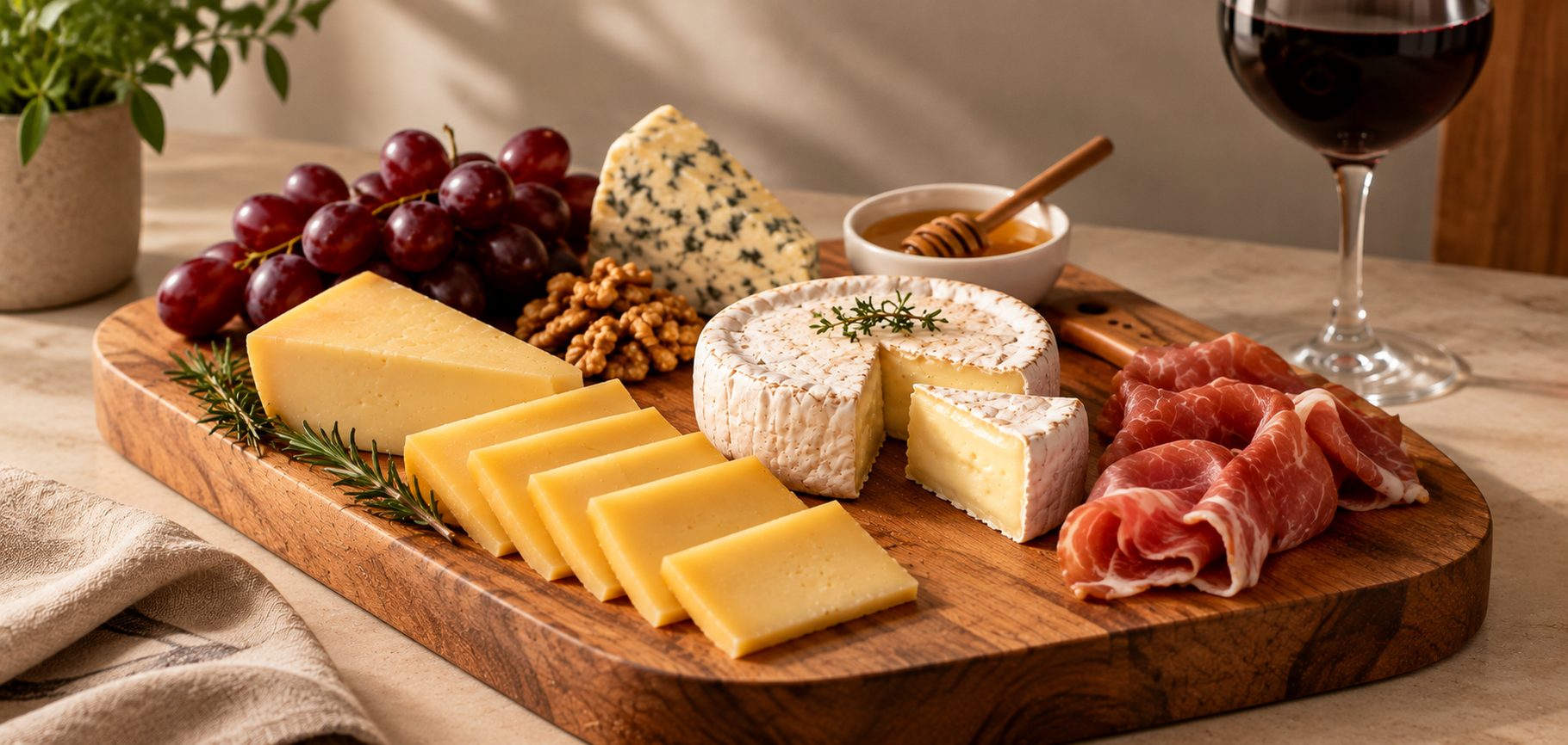 Tábua de queijos artesanais, uvas, nozes e um copo de vinho tinto